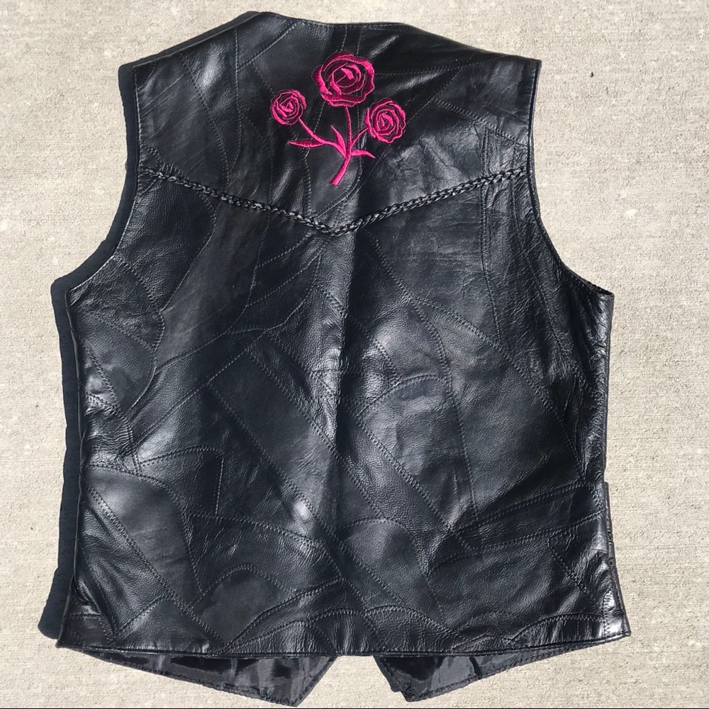Pieced Black Diamond Plate Buffalo Leather Vest with Pink Embroidered Roses